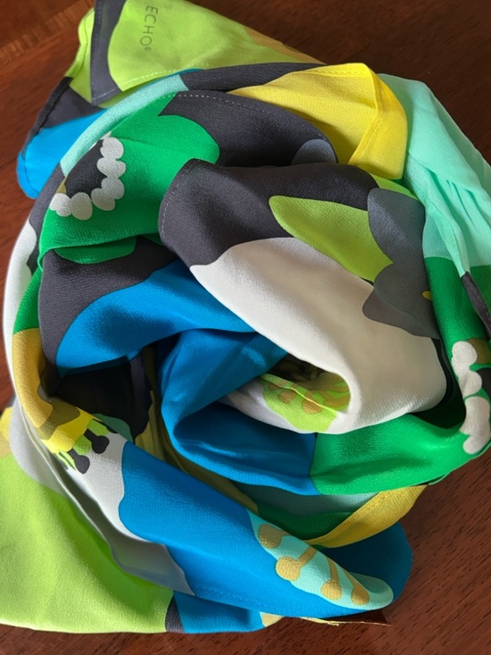 Echo Accessories - Echo Colorblock Floral Silk Scarf in Blue, Green & Yellow 10“ x 52“